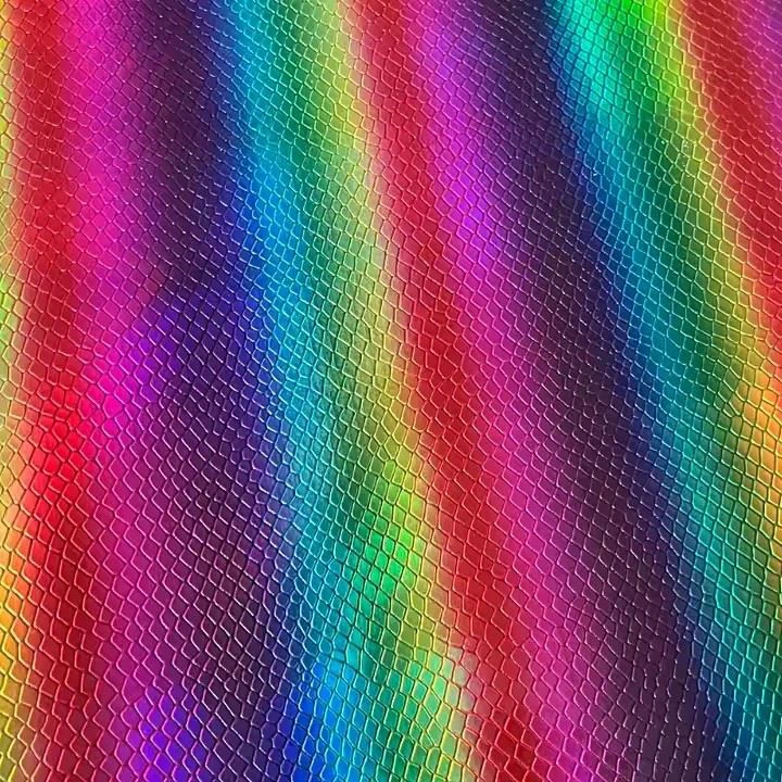 Faux Leatherette Rainbow Embossed Snake Pattern PU Holographic Leather Vinyl